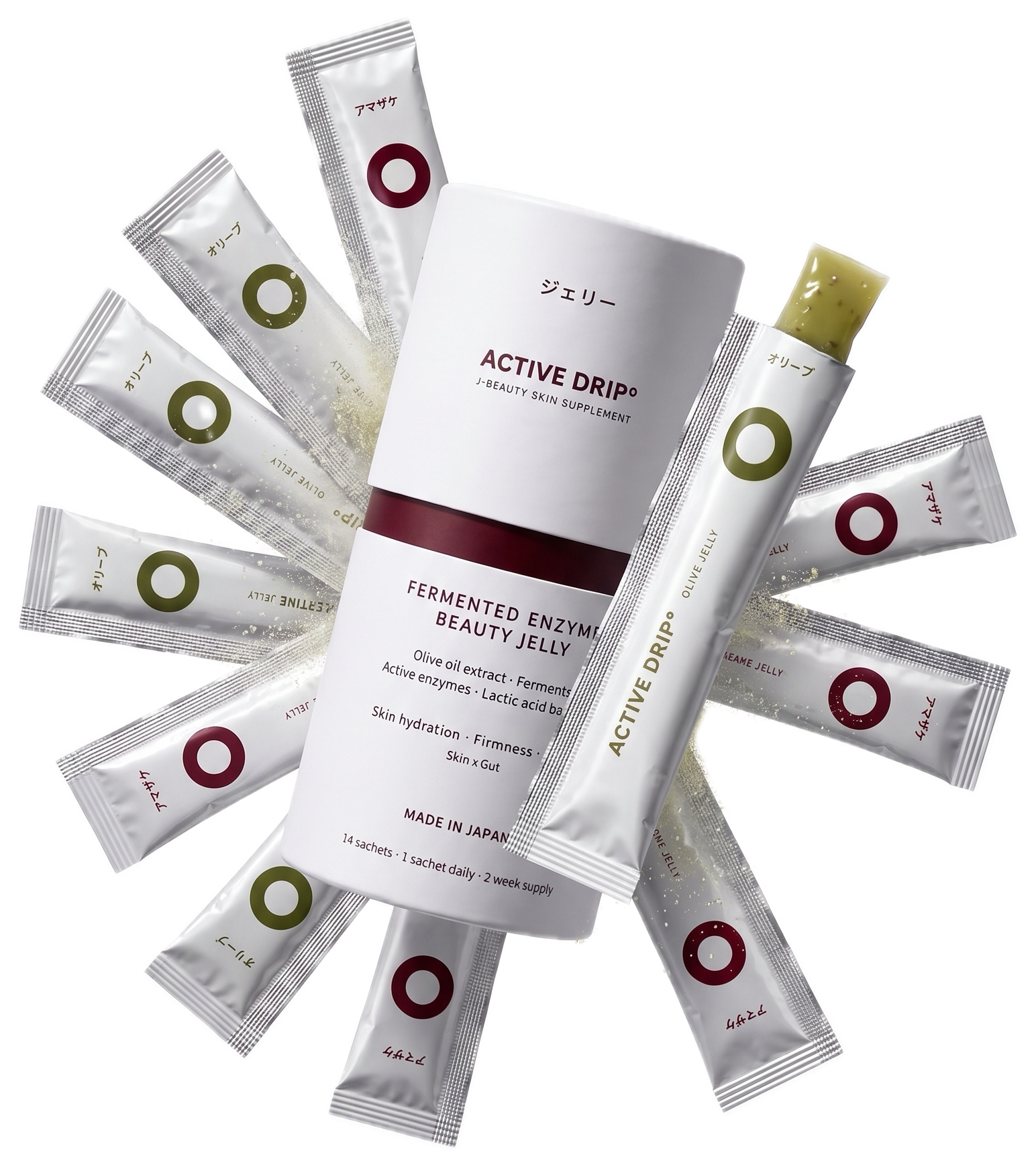 Active Drip Fermented Enzyme Beauty Jelly canister with fanned stick packs